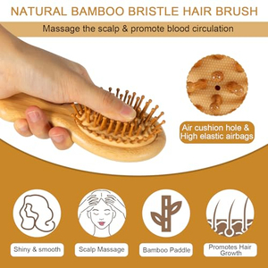 Cepillo para el cabello con mango de bambú y cerdas ovaladas de jabalí, para desenredar cabello rizado, masaje del cuero cabelludo y cabello de bebé, para peinado natural, resistente al agua - Product Image 4