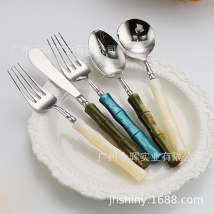 Shiny-Jh Bamboo Joint 304 Stainless Steel Cutlery Set With <b>Mirror</b> Polished Knife Fork Spoon For Dining - Product Image 5