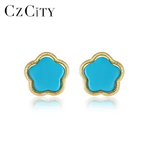 CZCITY Vintage Trendy Silver Korean 925 Fashion Tiny Stud Sterling Unique For Woman Flower Shaped Earring