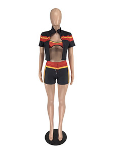 Ensemble sportif sexy 3 pièces Peeqi D10138 pour femme : veste à manches courtes color block + débardeur et short assortis, tenue décontractée au-dessus du genou - Product Image 5