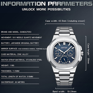 Montre-bracelet pour homme Sanda 7053 classique à six aiguilles, carrée, étanche, décontractée, pour affaires, bracelet en acier inoxydable, montre à quartz - Product Image 3
