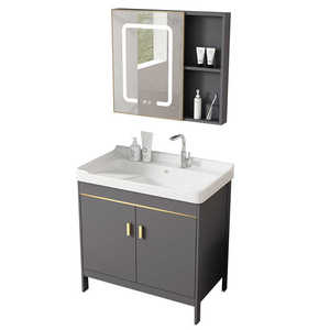 Elegante gabinete de baño gris con espejo inteligente, lavabo blanco y mueble de pie. - Product Image 1