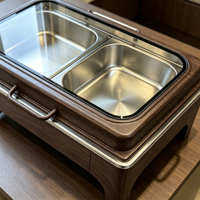 Plat de service réchaud en acier inoxydable de qualité alimentaire, motif grain de bois, avec couvercle en verre trempé, design rétro, grande capacité, pour buffet