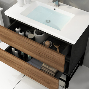 Meuble de salle de bain moderne monté en bois de <span class=keywords><strong>chêne</strong></span> massif en ligne technique double lavabo meuble avec lavabo et miroir - Product Image 3