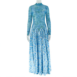 Nuevo Diseño, Vestidos Largos Casuales y Sexys para Mujer, Color Azul Sólido, Ecológicos, Cintura Natural, Manga Larga - Product Image 1