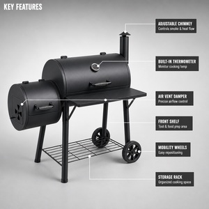 Barbecue <span class=keywords><strong>fumoir</strong></span> au charbon de bois noir avec foyer latéral, style <span class=keywords><strong>Kamado</strong></span>, pour cuisson en extérieur - Product Image 3
