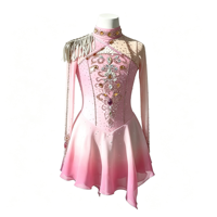 Costume de patinage artistique rose clair dégradé, robe en maille à manches longues avec strass pour filles adultes, compétition et performance