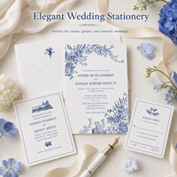 Suite d'invitations de mariage personnalisées en carton bleu floral avec enveloppe assortie laminée film UV, carte de date et carte RSVP imprimées