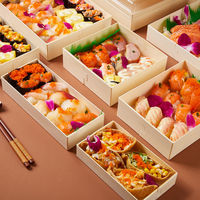 Boîte à sushi jetable biodégradable en bois, boîte à bento, plateau de service pour repas, gâteaux, pâtisseries, conteneur alimentaire avec couvercle transparent, fabriqué en Chine