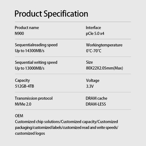 内蔵デスクトップ N900 PCIe 5.0 NVMe 2.0 SSD 1TB 2TB 14300MB/s 読み取り 13000MB/s 書き込み M.2 2280 DRAMレス 高性能 - Product Image 3