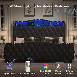 Cama <span class=keywords><strong>King</strong></span> Size Moderna Belin con Cabecera Tapizada en Terciopelo, Luces LED, Almacenamiento/Estación de Carga, Botones Táctiles - Product Image 4