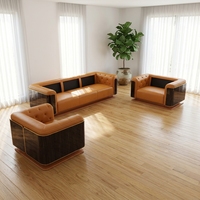 Set Sofa Kulit Oranye Mewah dan Kayu Gelap 3+2+1 Furnitur Klasik untuk Interior Rumah Kelas Atas