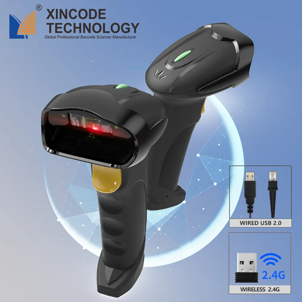 Xincode 1D สายบาร์โค้ดสแกนปืนมือถือ 2D ไร้สาย QR Barcode Reader สําหรับคลังสินค้าซูเปอร์มาร์เก็ต 2.4G Barcode Scanner