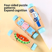 Puzzle Balok Kayu Berputar Montessori Hewan Buah Kendaraan Kubus Pencocokan Kognitif Alat Bantu Pengajaran Edukatif untuk Balita