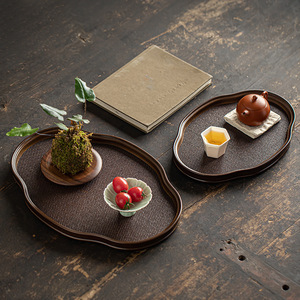 Chinese-style bamboo woven mat <b>tea</b> <b>tray</b> with begonia and auspicious design, a high-end Zen-inspired afternoon <b>tea</b> serving <b>tray</b>. - Product Image 1