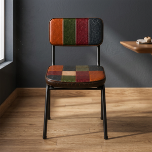 Chaise de restaurant industrielle empilable moderne rembourrée en patchwork, en cuir de buffle véritable, avec structure en fer, mobilier de salle à manger OEM, garantie 3 ans - Product Image 1