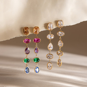 Boucles d'oreilles pendantes géométriques en zircon, acier inoxydable, serti clos, formes elliptiques, quadrilatères et en forme de cœur, JDE0312203-WT - Product Image 4