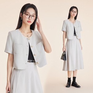 Navy Blue Women's Suit Set Short Sleeve Long <b>Skirt</b> Office Lady Formal Wear Breathable Polyester Summer Style - Product Image 2