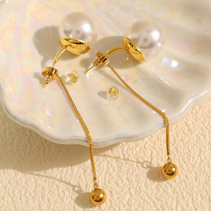 ต่างหูมุกทรงหยดน้ำ จี้ลูกบอลโซ่ทอง เครื่องประดับมุกสีขาวสำหรับผู้หญิง สวมใส่ได้ทุกวัน - Product Image 3