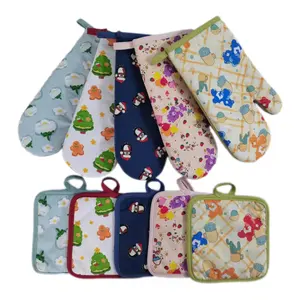 Printing Cotton Canvas Oven Mitts And Pot Holder Sets Heat Resistant Kitchen Mitts For BBQ And Work Oven Gloves