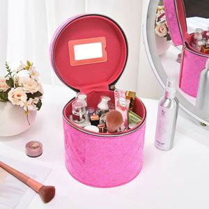Étui à maquillage cylindrique rond, grande capacité, boîte de rangement cosmétique avec miroir - Product Image 3