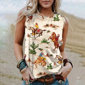 <strong>Women</strong> Western <strong>Cowboy</strong> Print Sleeveless Tank Top Vintage Country Horse Horseshoe Graphic Casual Summer Vest T <strong>Shirts</strong> Wholesale - Product Image 4