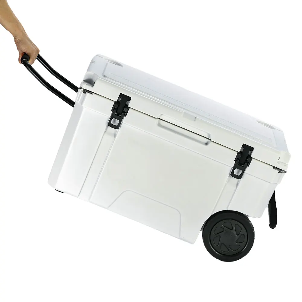 65QT Lldpe kotak pendingin bahan troli penyimpanan makanan terisolasi besar kotak pendingin es tahan air termal dengan roda