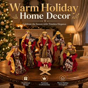 Lot de 6 figurines de la Nativité artisanales, Sainte Famille et <span class=keywords><strong>les</strong></span> Trois <span class=keywords><strong>Rois</strong></span> <span class=keywords><strong>Mages</strong></span>, en tissu brocart rouge et or, sculpture en résine, pour films et séries TV - Product Image 2
