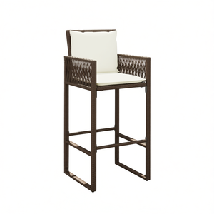 Tabouret de bar en rotin brun pour patio, structure en acier thermolaqué, taille standard, design contemporain, mobilier d'extérieur moderne - Product Image 1