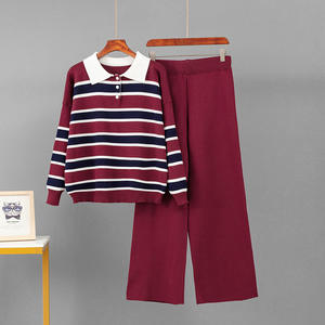 Ensemble deux pièces décontracté et élégant pour femme : pull rayé en maille respirante à col revers et pantalon large - Product Image 2