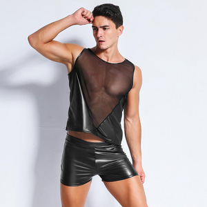 Haut en vinyle pour <span class=keywords><strong>homme</strong></span> Lingerie en similicuir et maille noire T-shirt sans manches sexy Sous-vêtements érotiques Costumes masculins sexy - Product Image 2