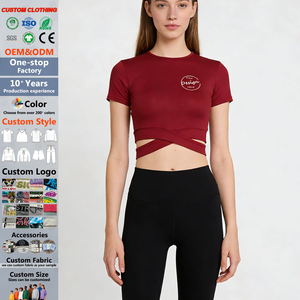 Último diseño cruzado de cintura para mujer, camiseta ajustada para bebé, Top corto personalizado de algodón Spandex, camiseta recortada de manga corta para mujer - Product Image 1