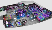 Parc de trampolines intérieur géant à thème cyberpunk avec effets lumineux néon et design futuriste pour centre de divertissement commercial