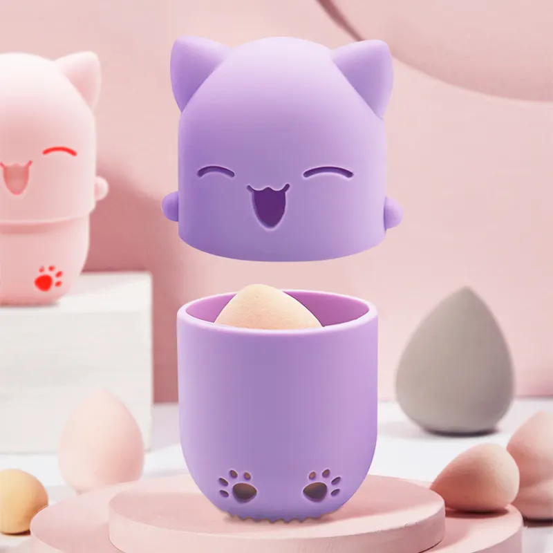 Portable Powder Puff Cosmetic Puff Cleaning Storage Box For Makeup Sponge Soft Silicone Storage Case Cute Cat Shape Holder Case