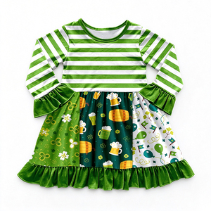 Vestido de Niña con Estampado del Día de San Patricio en Tela de Seda Láctea, OEM ODM, Personalizado, con Volantes en el Bajo, Manga Larga o Corta, Vestido Infantil para Fiestas, Venta al Por Mayor - Product Image 1