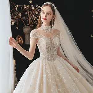 Luxury Bridal Ball Gown French Tulle Lace Fabric Vestido De Novia Elegante Champagne Bride Plus Size Wedding Dresses With Train