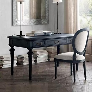 Table basse vintage en chêne massif vieilli, style campagne française, avec 3 tiroirs de rangement, pieds tournés, table centrale pour salon - Product Image 2
