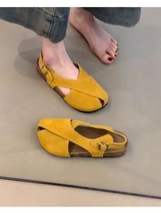New Soft Leather <b>Sandals</b> Ladies Retro Brightening Cross Strap One Buckle Round Toe Nubuck Leather <b>Flat</b> Shoes - Product Image 5