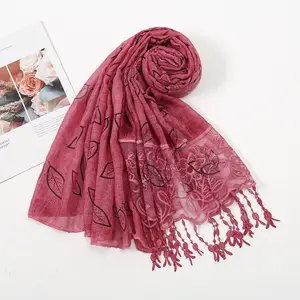 85x180 cm Leaf Printing High Quality Ethnic Soft Cotton Veil Scarves And Shawls Purple Voile Hijab With Lace Tassels