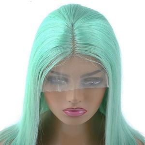 Pelucas Bob de Cabello Humano Verde Claro, 13x4, con Frente de Encaje, Cabello Virgen Remy para Mujer, Liso Sedoso, Encaje Transparente, Color Verde Menta - Product Image 2