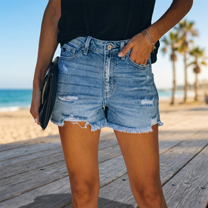 Pantalones Cortos de Mezclilla para Mujer, Estilo Casual de Verano, Desgastados, de Cintura Alta, con Cierre de Cremallera, Elementos de Moda, Precio Económico - Product Image 3