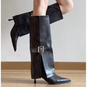 Wholesale <b>Women's</b> Stiletto Knee High Boots Metal Strap <b>Black</b> Leather Pointed Toe Elegant Dress <b>shoes</b> fashion Outdoor <b>Women</b> <b>Shoes</b> - Product Image 1