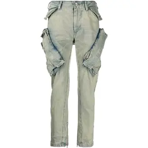 Hot Sale Mid Waist Zip Fly Vintage Acid Washed Denim Patch Flap Pockets Distressed Skinny Jeans Men's Street Ripped Hole Jeans