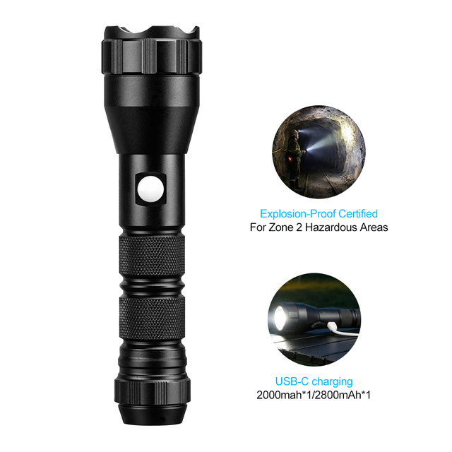 ATEX CNEx IIC T4 Explosion Proof Flashlight Type C Rechargeable LPE2 LED 3 Modes Compact Pocket Industrial Patrol Work Torch