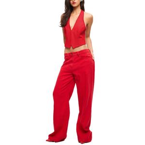 Wholesale Price Fashion Casual Washed Street Unisex Style Low Rise Baggy Fit Red <b>Jeans</b> - Product Image 5