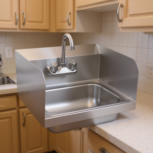 Évier de cuisine mural avec robinet, cuve simple rectangulaire en acier inoxydable brossé, design industriel - Product Image 2