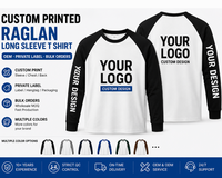 Camiseta de Manga Larga Raglán con Estampado Personalizado, Venta al Por Mayor, OEM, ODM, Marca Privada, Camiseta de Béisbol para Marcas de Ropa Urbana y Revendedores