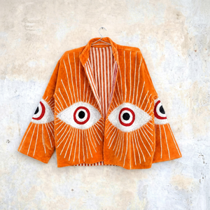 Vintage Orange <b>Velvet</b> Embroidered Suzani <b>Jacket</b> With Eye Pattern Full Sleeve Stand Collar Bohemian <b>Women's</b> Winter Outerwear - Product Image 1