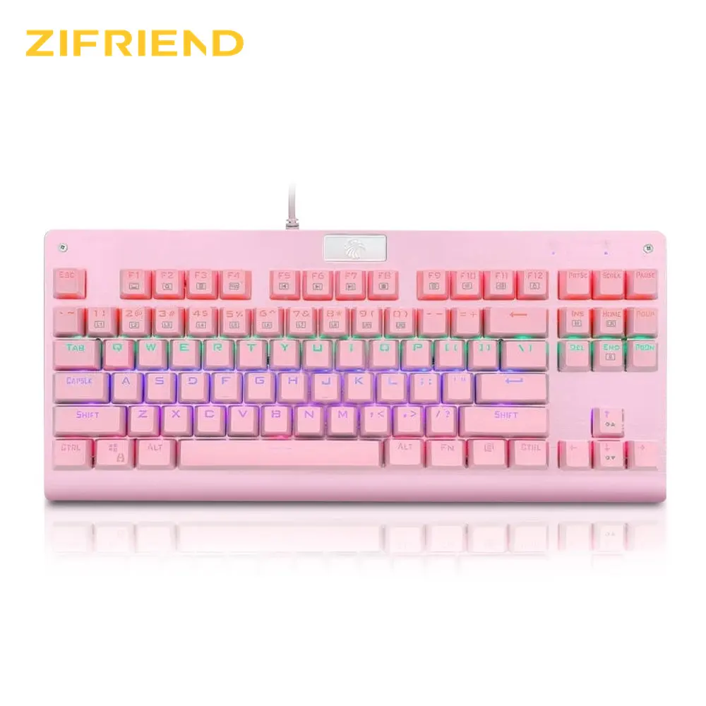 ZF Rainbow USB Mechanical Gaming Pink Keyboard Blue Switch Led Backlit 87 Keys Wired Pc Computer Laptop Game Russian Us