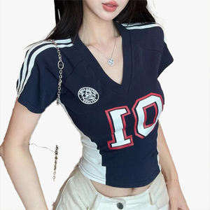 Women's <b>Summer</b> Regular Shoulder Short Sleeve T-<b>Shirt</b> V-Neck Cropped Top Unique Preppy Style Sports Jersey - Product Image 2